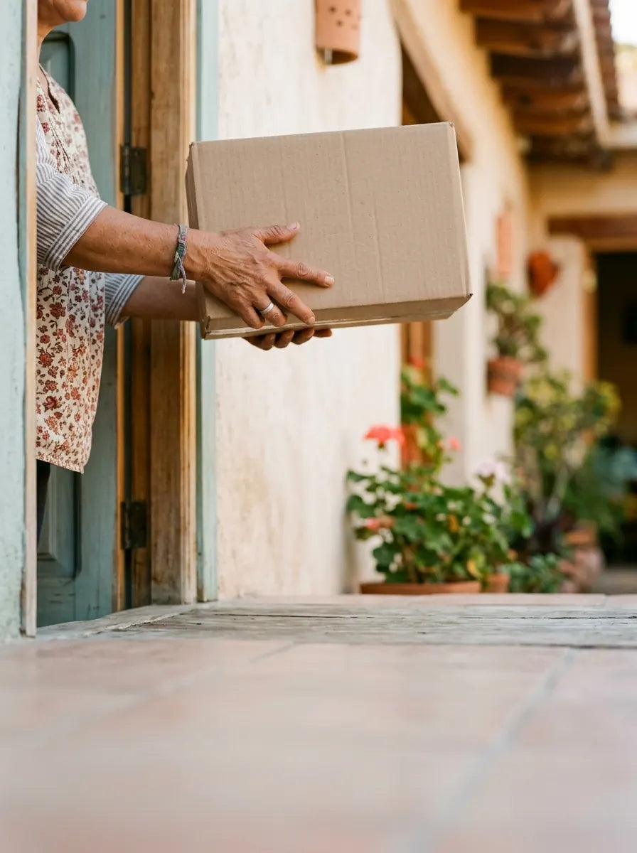 Persona recibiendo su pedido en la puerta de su casa